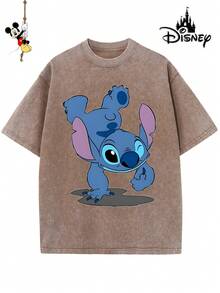 Disney-Licensed Men's Cotton T-Shirt For The 2026 Family Holiday. Featuring A Stitch Motif, Washed Crew Neck, Soft And Comfortable Feel, Easy Care And Suitable For Various Occasions Such As Holidays, Everyday Life And Commuting – Full Of Festive Spirit. - 咖啡棕 - 查看 1