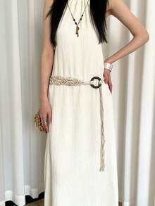 1pc Women's Beige Polyester Bohemian Sea Shell & Wooden Bead Woven Waist Rope - Beige - View 4