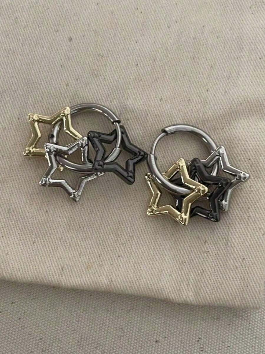 1pair Korean Earrings Women Gothic Pentagram Pendant Earrings Y2K Punk Earrings Removable Simple Earrings Hop Jewelry - 耳環 - 查看 1