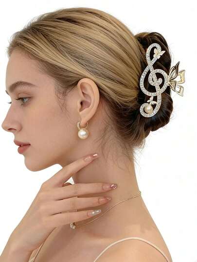 1pc Women's Metal Rhinestone Light Luxury Temperament Musical Note Hair Clip, Hair Clip For Pinning Up Hair After Bathing, Daily Wear Decorative Hair Accessory