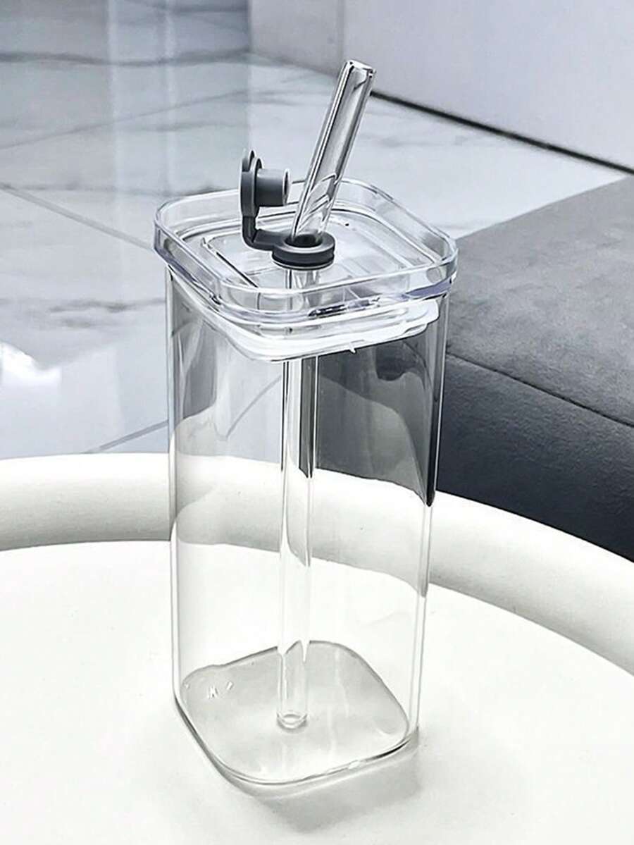 1个高品质透明方形玻璃杯，耐热，带吸管，高硼硅玻璃制成 - 透明 - 查看 1