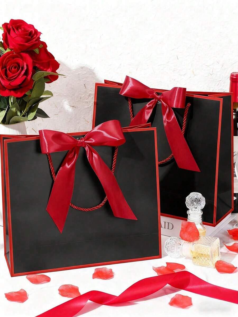 5个/套或1个黑色牛皮纸礼品袋,带红色装饰边,可用作购物袋、手提包装袋、蝴蝶结手提袋、万圣节糖果袋、大号白色纸袋。适用于万圣节、感恩节、圣诞节、独立日、2026年毕业季、返校季、新年、婚礼、生日等各种场合的礼品包装。 - 多色 - 查看 1