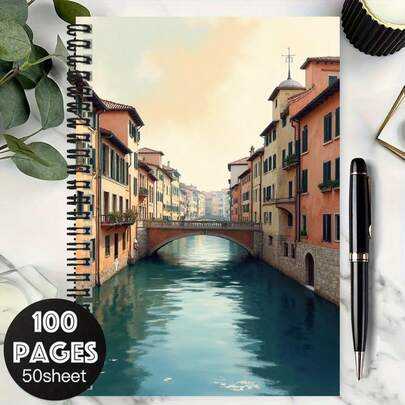 دفتر ملاحظات مجلد بحلزون 100 صفحة مع مشاهد فنية لضفاف نهر أوروبي، عملي لتسجيل العمل، ملاحظات الدراسة، التخطيط اليومي، مناسب للاستخدام المدرسي، كتابة اليوميات، هدية التخرج أو عيد الميلاد، تجربة كتابة ملهمة
