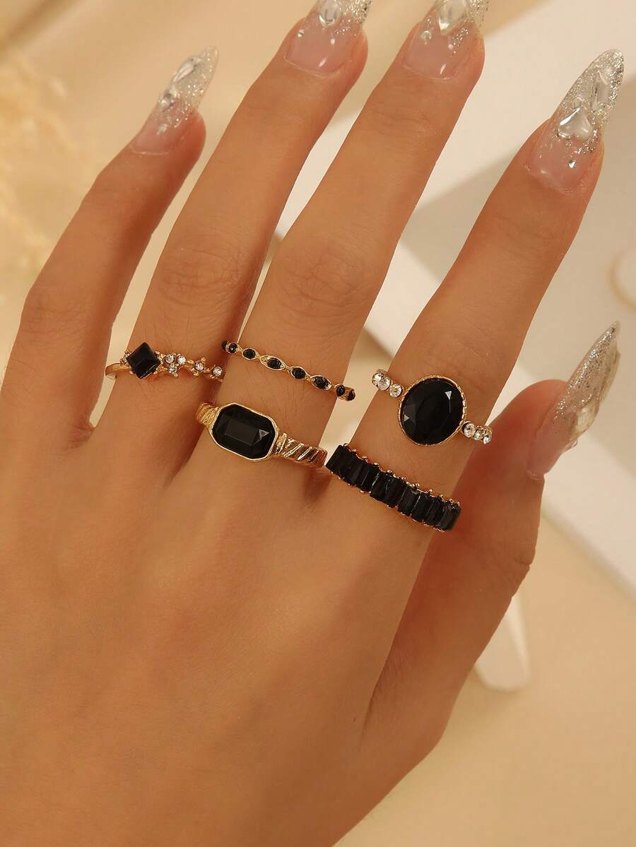5pcs Set Fashionable Exquisite Luxury Versatile Casual Elegant Rhinestone Black Gemstone Gold Alloy Rings, Suitable For Girlfriend, Wedding Engagement - Multicolor - View 1