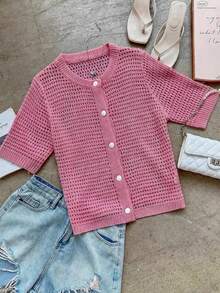 Áo khoác cardigan dệt kim tay ngắn cổ tròn mới cho mùa hè, kiểu dáng rộng rãi, khoét lỗ, mỏng, cài nút, màu hồng, thích hợp cho đi mua sắm, dạo phố, đi chơi, lễ tốt nghiệp, tiệc tùng mùa xuân. - Hồng đậm - Xem 7