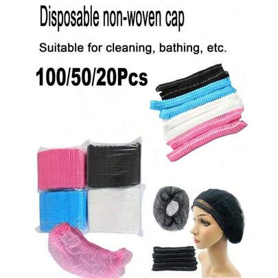 100个黑色一次性无纺布帽，适用于艺术化妆、眉毛微雕和纹身配件、浴帽、弹性浴帽、防水美发沙龙帽、护发帽、酒店发帽、弹性浴帽、防水发型帽、护发帽、酒店发帽，多种用途，情人节派对、家居装饰、家居礼品等等。
