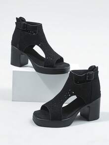 Sandali da donna con tacco alto spesso 8 cm, comodi, con cinturini incrociati e punta aperta, sandali con plateau, calzature formali estive - nero - Visualizzare 4