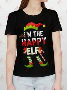 Womens Im The Happy Elf Christmas Tee - Black - View 1