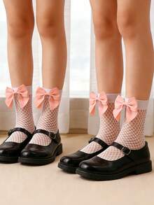 2 Pairs Kids Cute Bow Fishnet Socks, Girls' Breathable Hollow Out Mid-Calf Mesh Socks For Spring & Summer - White - View 3
