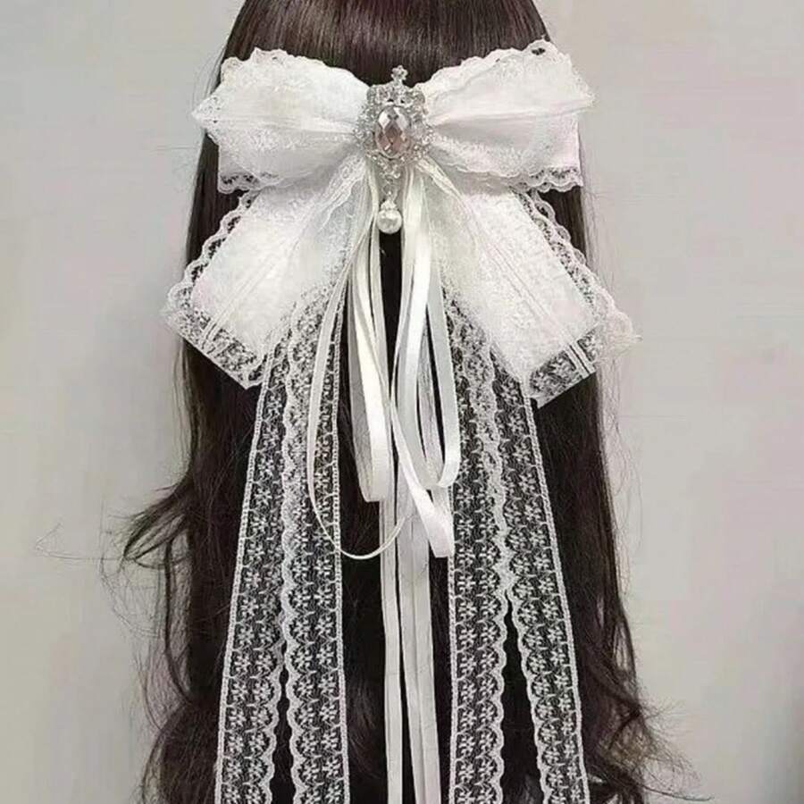 Nueva Horquilla de Pelo Hanfu de Moda con Lazo de Encaje y Diamantes de Imitación, Horquilla Tradicional China Inspirada en las Hadas con Cinta, Elegante Estilo Antiguo IQR7 - Negro - Ver 1