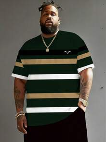 Plus Size Men Casual Sports Round Neck T-Shirt, Polyester Knit Fabric Comfortable Breathable, Versatile Daily Casual Sports Striped Series "Multicolor Plaid With Bird" Graphic Novelty Top - Multicolor - View 1