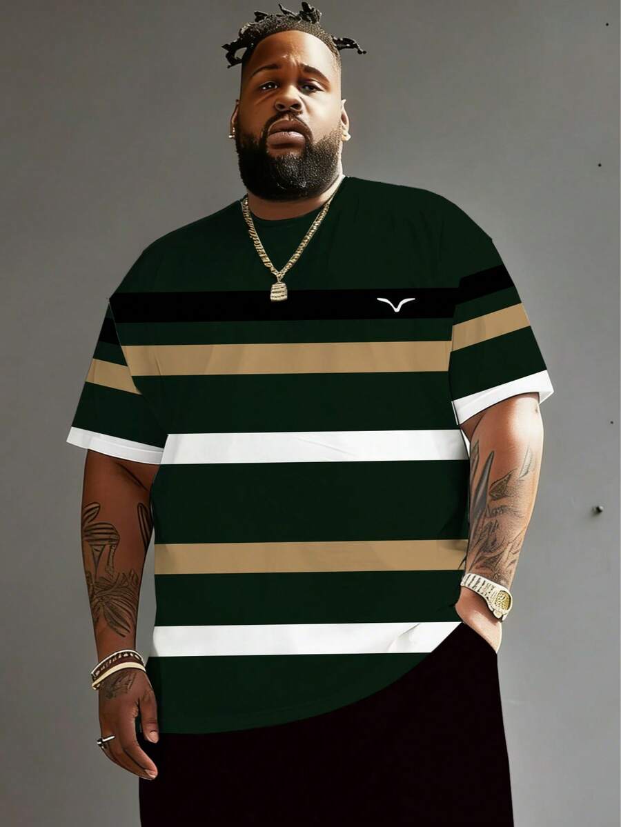 Plus Size Men Casual Sports Round Neck T-Shirt, Polyester Knit Fabric Comfortable Breathable, Versatile Daily Casual Sports Striped Series "Multicolor Plaid With Bird" Graphic Novelty Top - Multicolor - View 1
