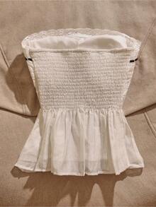 Women's Spring And Summer Strapless Top With Lace Trim Black Ribbon Bow Fashion Top - Ivory White - View 3