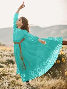 2026 Girls Elegant Lace Flower Boho Dress Long Sleeve Backless Square Neck Ruffle Party Maxi Dress - 10號湖綠 - 查看 3