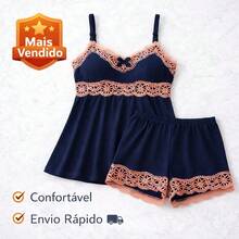 Women's Baby Doll Set With Lace, Short Doll Pajamas, Lightweight, Soft, Cool And Adjustable Straps - Màu xanh hải quân - Xem 1