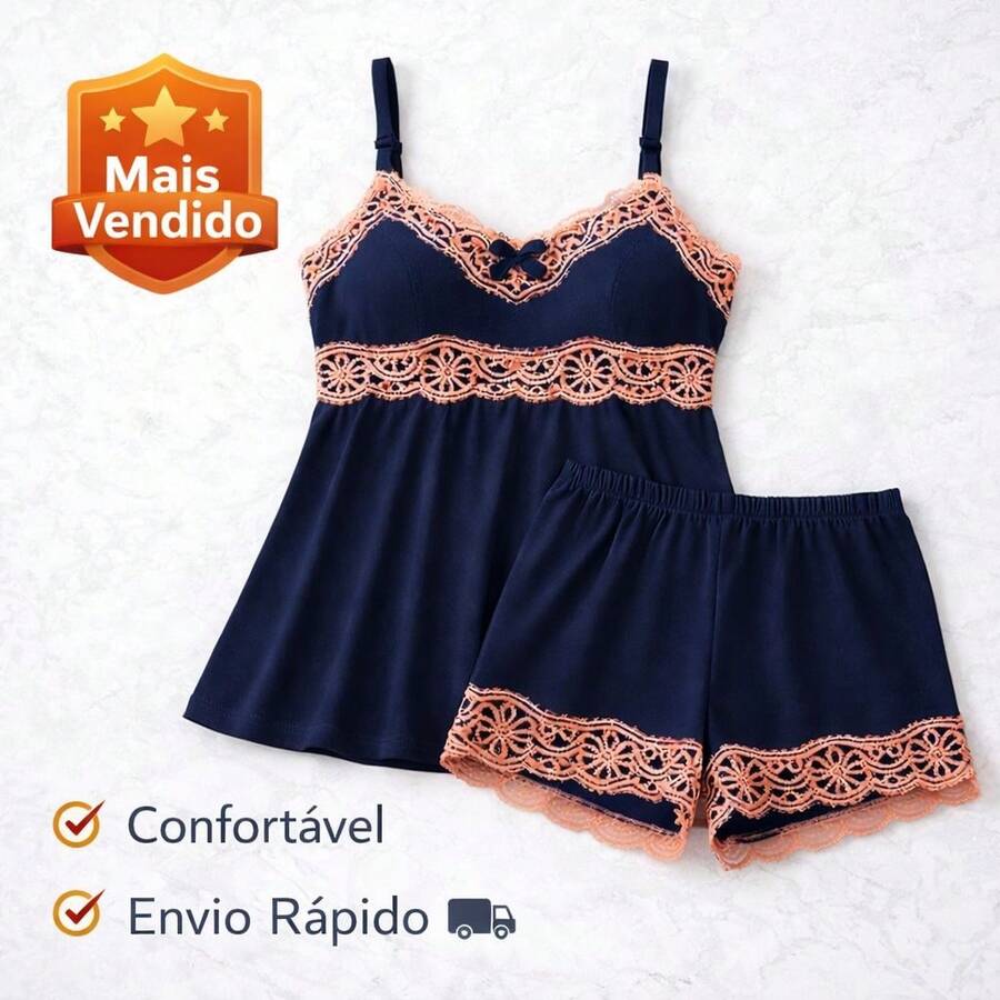 Women's Baby Doll Set With Lace, Short Doll Pajamas, Lightweight, Soft, Cool And Adjustable Straps - Màu xanh hải quân - Xem 1