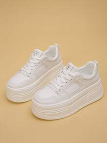 Sepatu Sneakers Wanita Sol Tebal dengan Pola Geometris, Gaya Olahraga Kasual Bertali, Cocok untuk Semua Musim, Sepatu Olahraga Wanita - Putih - View 6