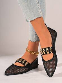 Damskie płaskie buty z metalową klamrą i ozdobnym paskiem, ze szpiczastym noskiem, luksusowy styl do dojazdów do pracy, odpowiednie na wiosnę i lato, do noszenia na co dzień, na randki, dojazdy do pracy, czarne, siateczkowe, oddychające, wygodne i uniwersalne buty typu Mary Jane - Czarne - Zobacz 4