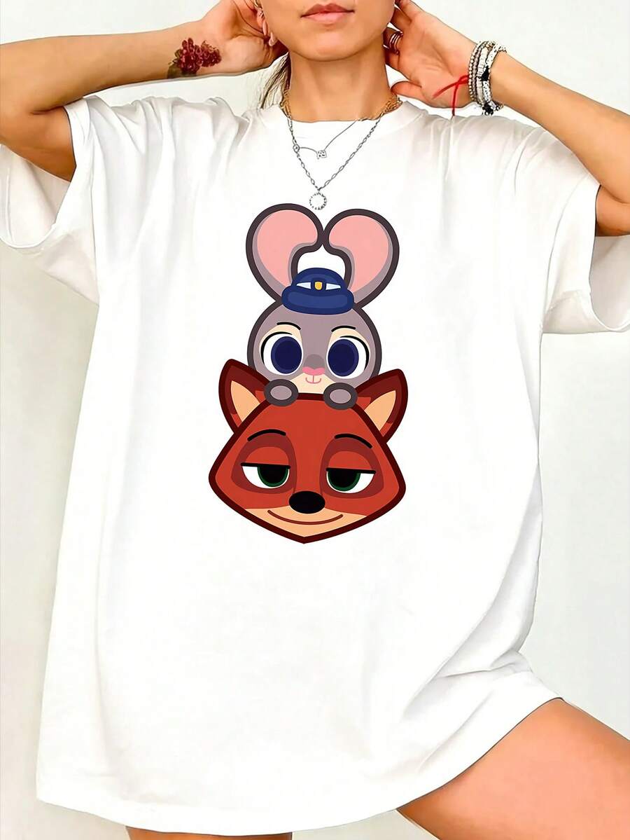 Disney Women's Casual White Cotton Round Neck Short Sleeve T-Shirt With Zootopia Characters Print, Regular Fit Top - 白色 - 查看 1