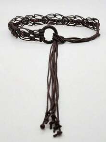 Cinturón de poliéster con patrón de rombos tejidos calados, versátil para todas las estaciones: verano, escuela, otoño, Halloween, estilo bohemio - Marrón - Ver 1