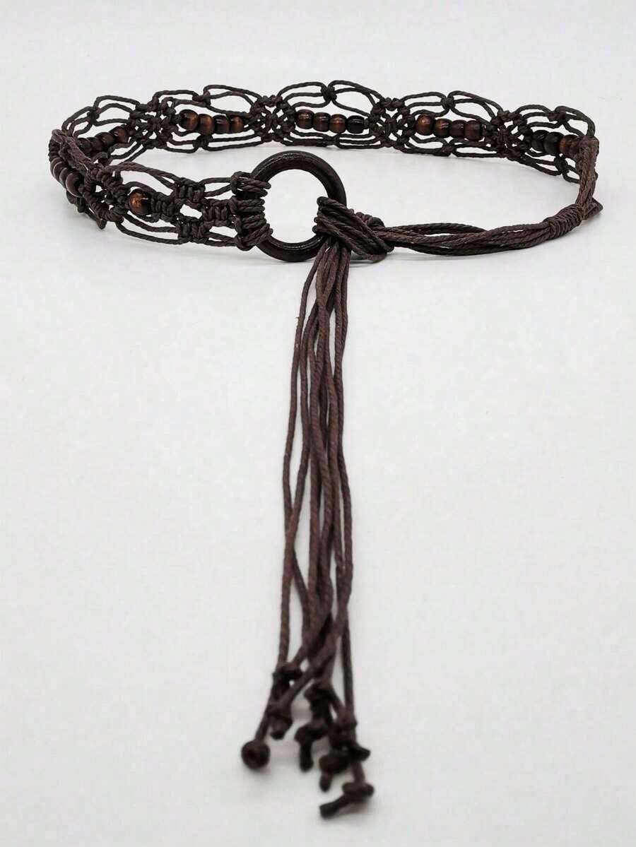 Cinturón de poliéster con patrón de rombos tejidos calados, versátil para todas las estaciones: verano, escuela, otoño, Halloween, estilo bohemio - Marrón - Ver 1