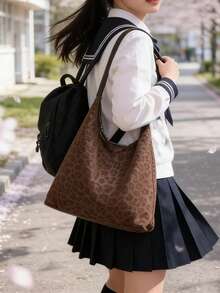 Fashionable Leopard Print Fabric Minimalist Versatile Women Handbag, Suitable For Party, Street Style - Brown - View 3