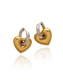Stainless Steel Waterproof Vintage Gold & Silver Dual-Color Heart Shaped Earrings, Ideal For Women For Daily Wear Valentines,Mom,Mother,Mother's Day,Gift - 金色雙色 - 查看 2