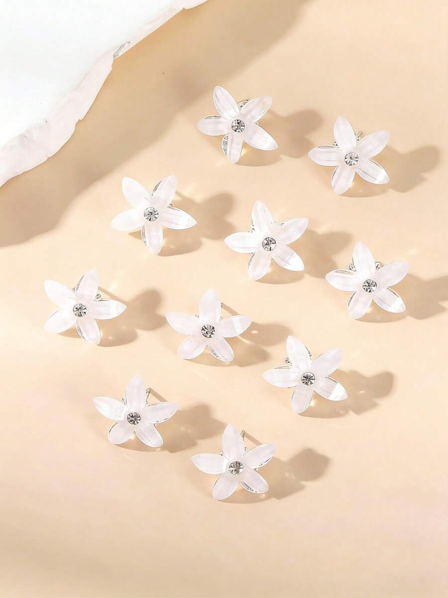10pcs Girls' Sweet Minimalist Faux Flower Hair Clips, Versatile Daily Wear - White - View 1