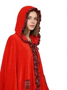 Adult Red Flocked Hooded Cloak, With Plaid Trim And Ruffle Details, Long Sleeveless Party Costume Spring - Red - View 3