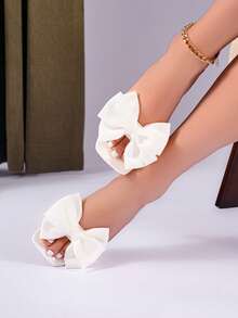 女士白色高跟凉鞋，新款夏季时尚百搭西部风格婚礼蝴蝶结新娘凉鞋，米色蝴蝶结凉鞋 - 白色 - 查看 3