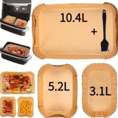 100 قطعة من مجموعة بطانات ورق الخبز، سعة 10.4 لتر، 5.2 لتر، 3.1 لتر، تشمل فرشاة سيليكون للزيت، مناسبة لطنجرة الهواء AF500UK سعة 10.4 لتر ذات الدرج المرن، ملحقات AF500UK، تناسب طناجر الهواء الكبيرة مثل Megazone، Cecofry DuoSize 9 لتر 5.5/3.5 لتر، ورق زبدة مقاوم للالتصاق مسبق القطع، مقاوم للحرارة، تصميم حافة متموجة لمرة واحدة، مثالي للخبز والكيك