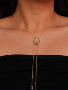 1pc Western Style Long Chain Necklace, Matching Outfit With Gold-Tone Cowgirl Hat - Gold - View 3