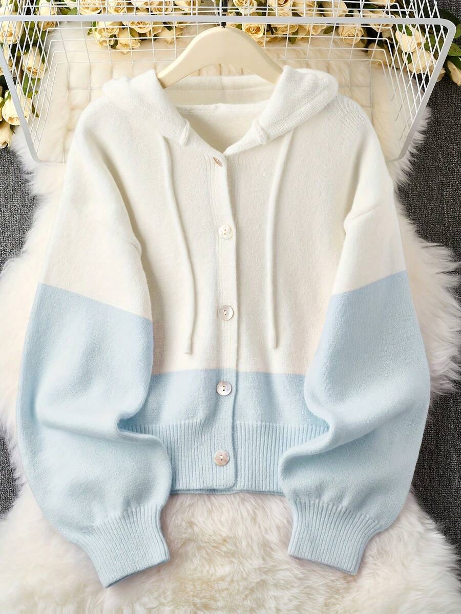 Women'S Casual Blue Color Block Hooded Sweater - Cozy Long Sleeve Cardigan With Button Details, Perfect For Fall/Winter, Relaxed Fit, Long Sleeve Sweater Easter - 寶藍色 - 查看 1