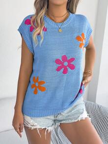 Áo dệt kim tay rớt phối màu họa tiết hoa, kiểu dáng thường ngày, thích hợp cho mùa xuân/hè. - Màu xanh lam - Xem 6