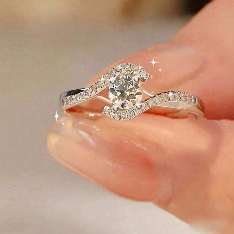 Nhẫn bạc thanh lịch, phù hợp để đeo hàng ngày và làm quà tặng, trang sức Valentine, nhẫn đính hôn tròn rỗng xoắn bốn chấu, nhẫn solitaire dành cho nữ, nhẫn nữ, quà tặng ngày Valentine