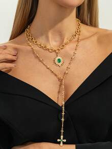 两件套波西米亚风水钻镶嵌向日葵十字架吊坠镂空Y字链项链，优雅奢华，适合婚礼、派对、日常休闲、情侣约会、女士节日生日等场合，百搭珠宝礼品。 - 金色 - 查看 3