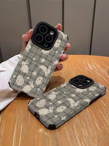 1pc Minimalist Personalized Gray Plaid Bow Rabbit & Egg Pattern Vertical Faux Leather Soft Protective Phone Case, Suitable As Gift For Friends And Couples, Compatible With Apple And Phones 17/17AIR/17PRO/17PROMAX - Multicolor - View 2