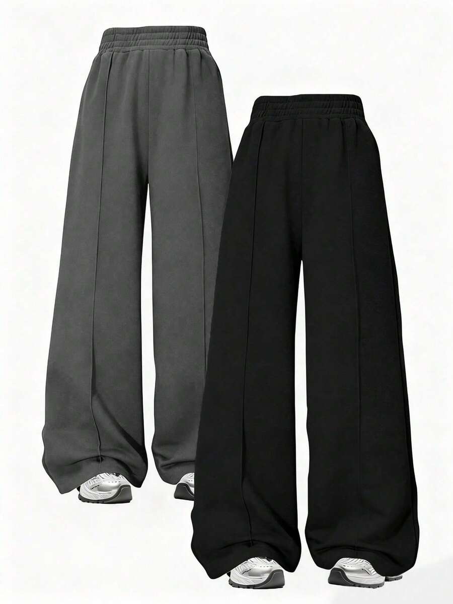 2pcs/Set Tween Girls' Street Style Solid Color Loose Straight Leg Casual Pants - Multicolor - View 1