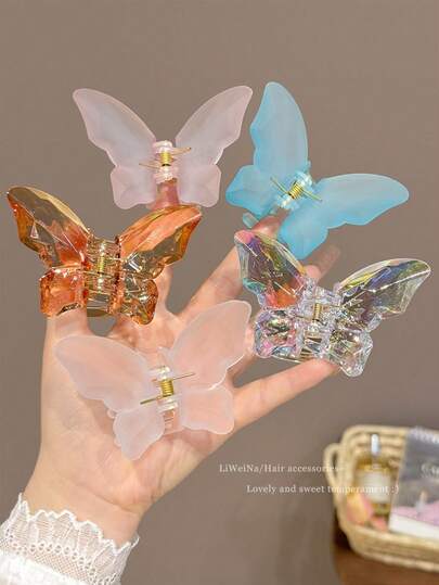 2个/3个/5个装透明哑光蝴蝶发夹，美人鱼风格半扎发夹，优雅女士发饰，春夏款