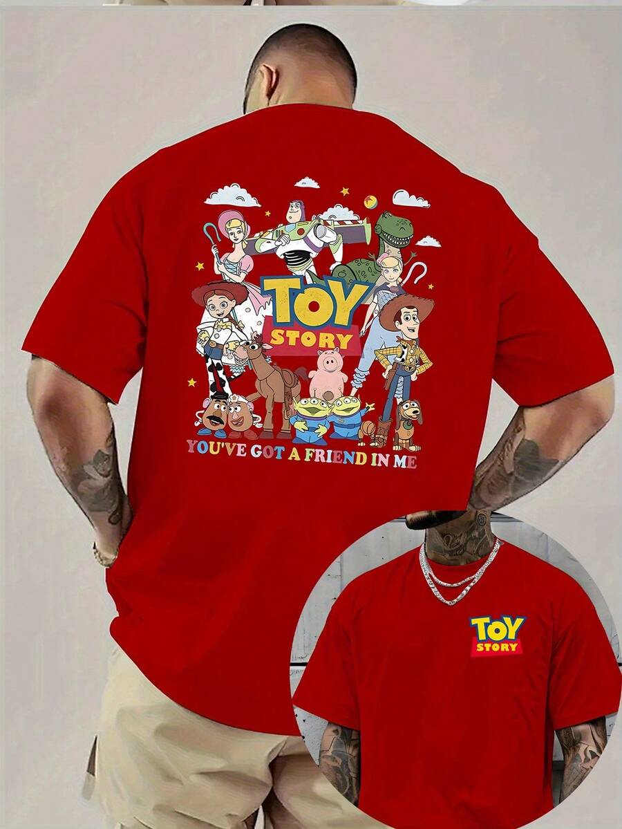 [Disney Official Genuine Authorization ]1pc Toy Story Men's T-Shirt Official Woody And Buzz Lightyear Printed Shirt With Dark Background Retro Animation Pattern Soft Breathable Material Birthday Party Dress, Casual Wear. - Red - View 1