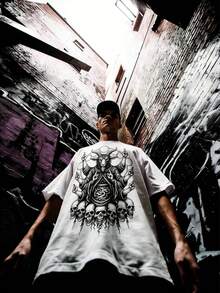 Men's Street Fashion Dark Gothic Punk Style Graphic T-Shirt, Urban Street Chic, Short Sleeve Top - White - View 5
