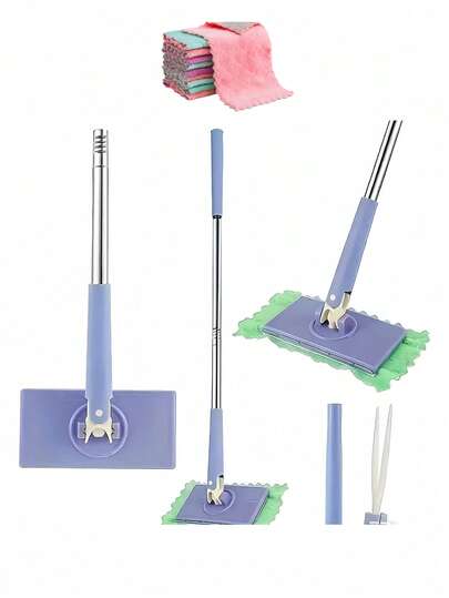 6件套（1个拖把套+5条随机颜色清洁布）二合一自动拧干拖把和毛巾架，一键更换拖把布，兼容标准清洁布，适用于厨房、浴室、窗户和地板清洁，可重复使用的干湿两用拖把，无需水桶的清洁工具，拖把布可手洗，适用于地板清洁