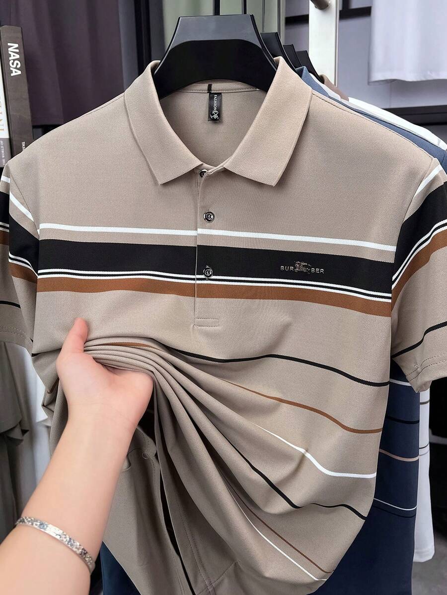 Áo Polo nam tay ngắn kẻ sọc dành cho chơi golf và tennis - Màu Khaki - Xem 1