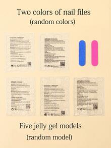 24pcs Medium-Long False Nails, Blush Glitter Aurora Rhinestone Camellia Pearl + 24pcs Jelly Gel + Nail Buffer Block - Multicolor - View 4