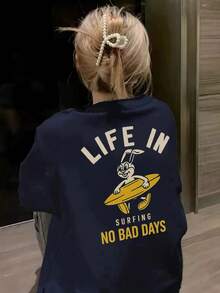 Kaos Wanita Gaya Jepang Model Longgar Leher Bulat Lengan Pendek dengan Motif Huruf & Kelinci, Kasual Musim Semi/Panas - Navy Blue - View 1
