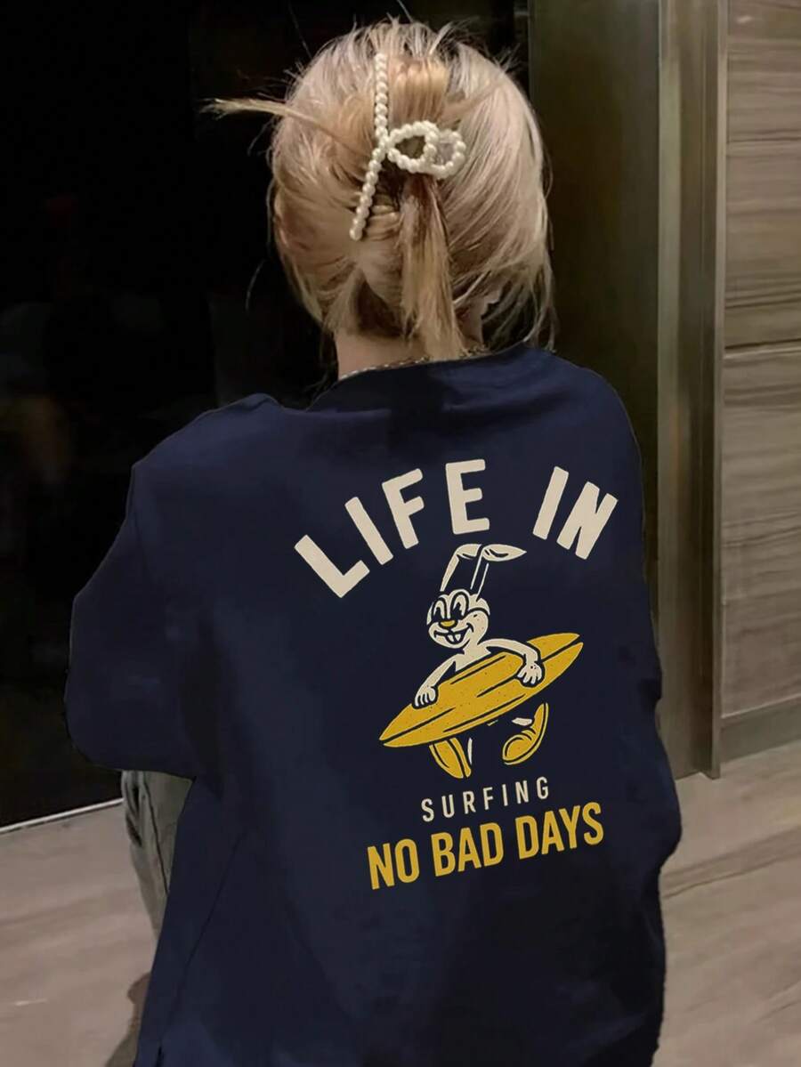 Kaos Wanita Gaya Jepang Model Longgar Leher Bulat Lengan Pendek dengan Motif Huruf & Kelinci, Kasual Musim Semi/Panas - Navy Blue - View 1
