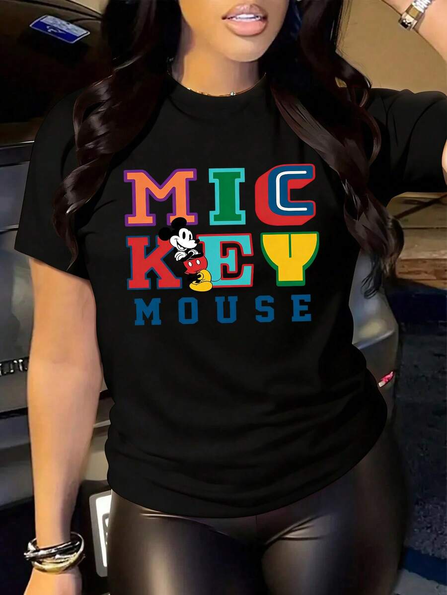 Disney Women's Casual Cotton Mickey Mouse Graphic Print T-Shirt Round Neck Short Sleeve Regular Length - 黑色 - 查看 1