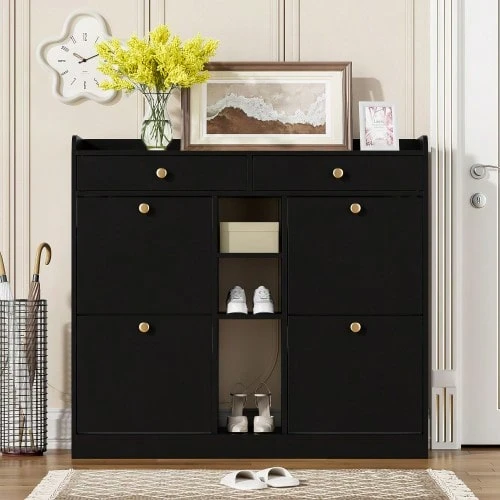 Élégant meuble à chaussures noir avec 4 portes à charnières, 2 tiroirs et 3 compartiments ouverts – idéal pour les entrées et couloirs modernes, dimensions 110 x 26 x 100 cm - Voir 1