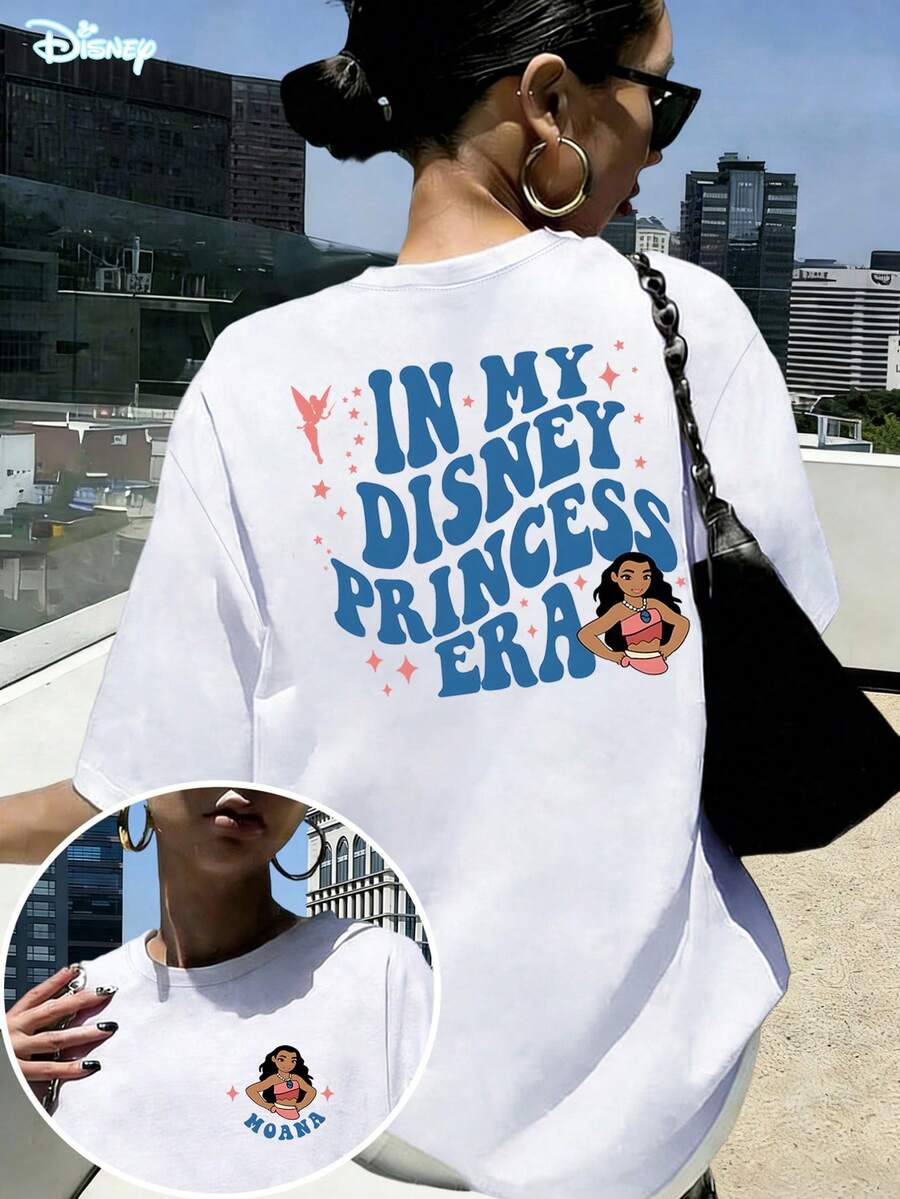 Loose Fit "IN MY DISNEY PRINCESS ERA" Moana Front And Back Printed T-Shirt, Suitable For Summer And Spring, Short Sleeved Top, Women's Clothing, Holiday Gift Party Clothing. - White - View 1