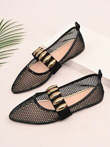 Damskie płaskie buty z metalową klamrą i ozdobnym paskiem, ze szpiczastym noskiem, luksusowy styl do dojazdów do pracy, odpowiednie na wiosnę i lato, do noszenia na co dzień, na randki, dojazdy do pracy, czarne, siateczkowe, oddychające, wygodne i uniwersalne buty typu Mary Jane - Czarne - Zobacz 8